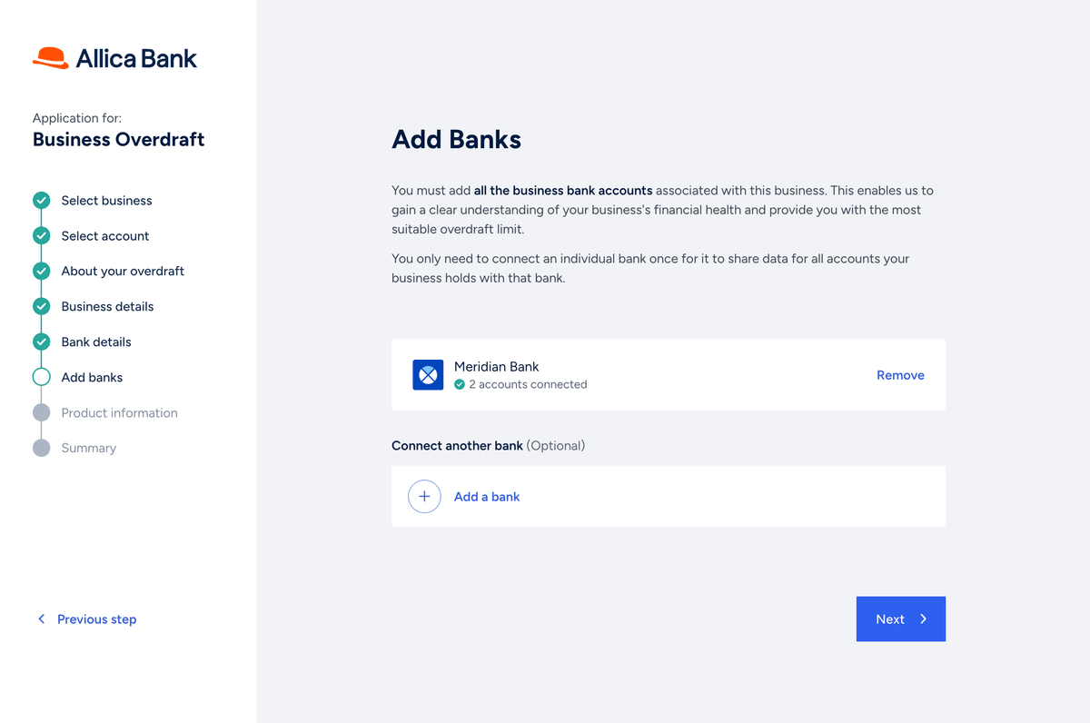 Allica Bank Business Overdraft application, Add Banks step
