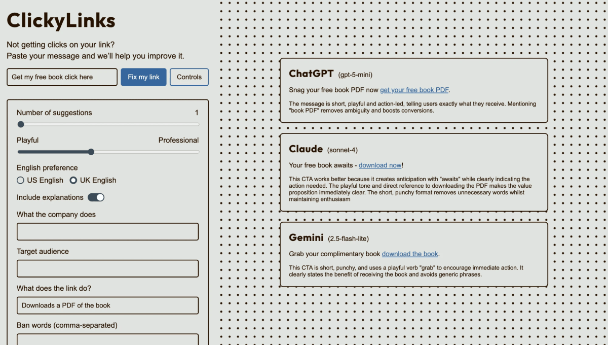 ClickyLinks web app suggesting better link text from ChatGPT, Claude and Gemini